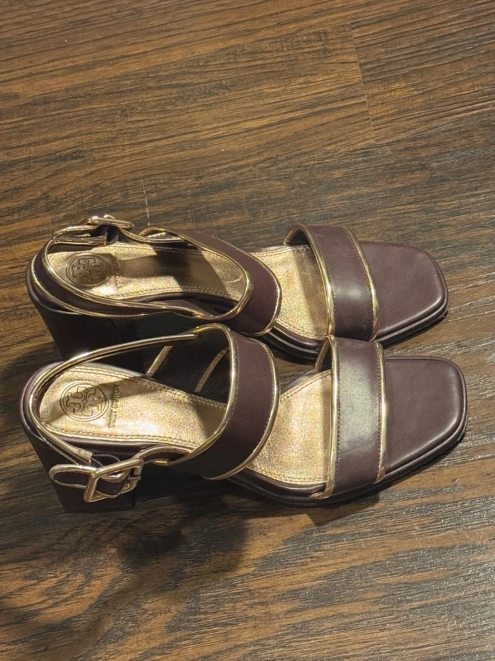 Tory Burch Dark Brown Leather Block Heel Sandals with Gold Accents